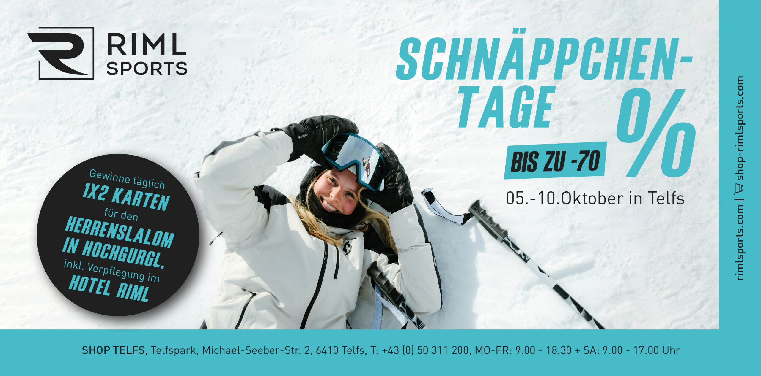 Eine Frau in Skikleidung liegt lächelnd im Schnee, dazu ein Werbetext für die Riml Sports-Sonderaktion.