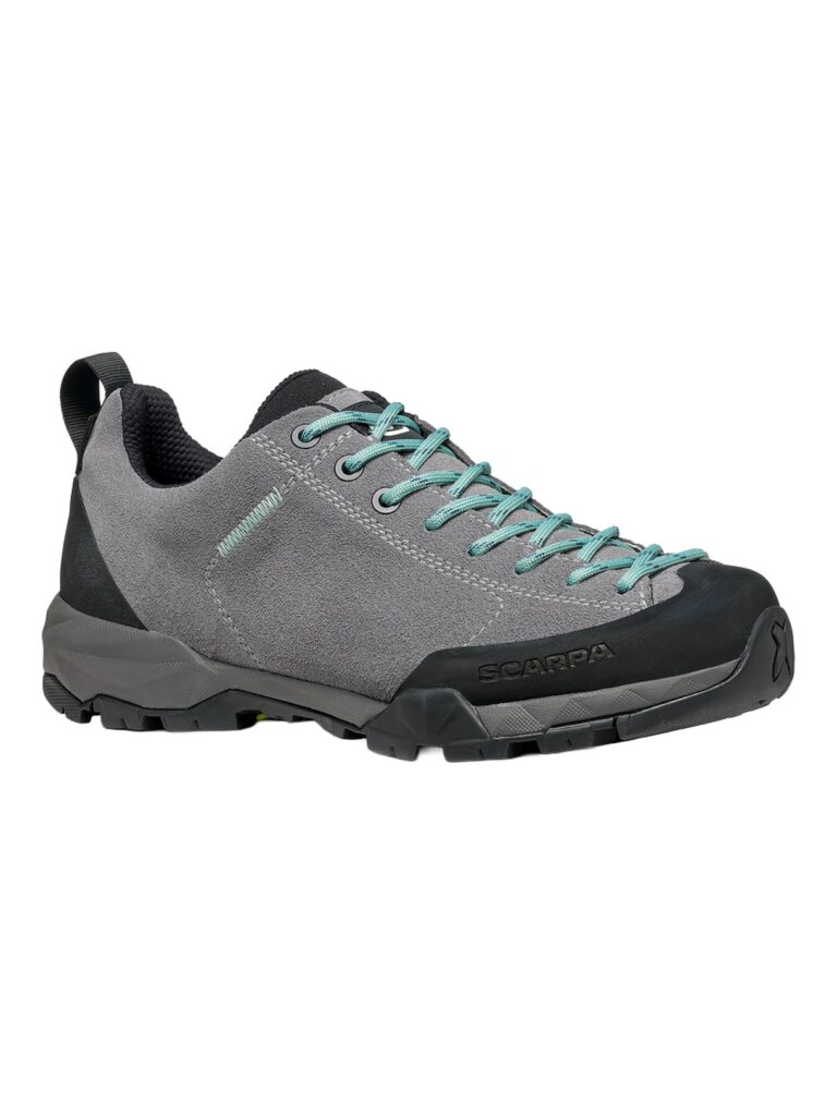 Mojito Trail GTX WMN – Wander-Sneaker aus grauem Wildleder mit türkisfarbenen Schnürsenkeln und einer schwarzen Profilgummisohle.
